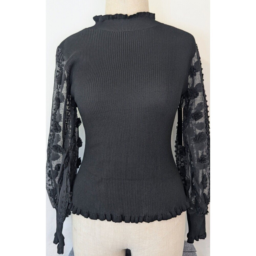 Almost Famous Black Mock Neck Ribbed Top with Mesh Pom Sleeves - Size XL NWT